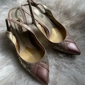 Balenciaga leather sling back rose gold with gold accents kitten heels